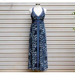 Elegant Blue Leopard Print Halter Dress